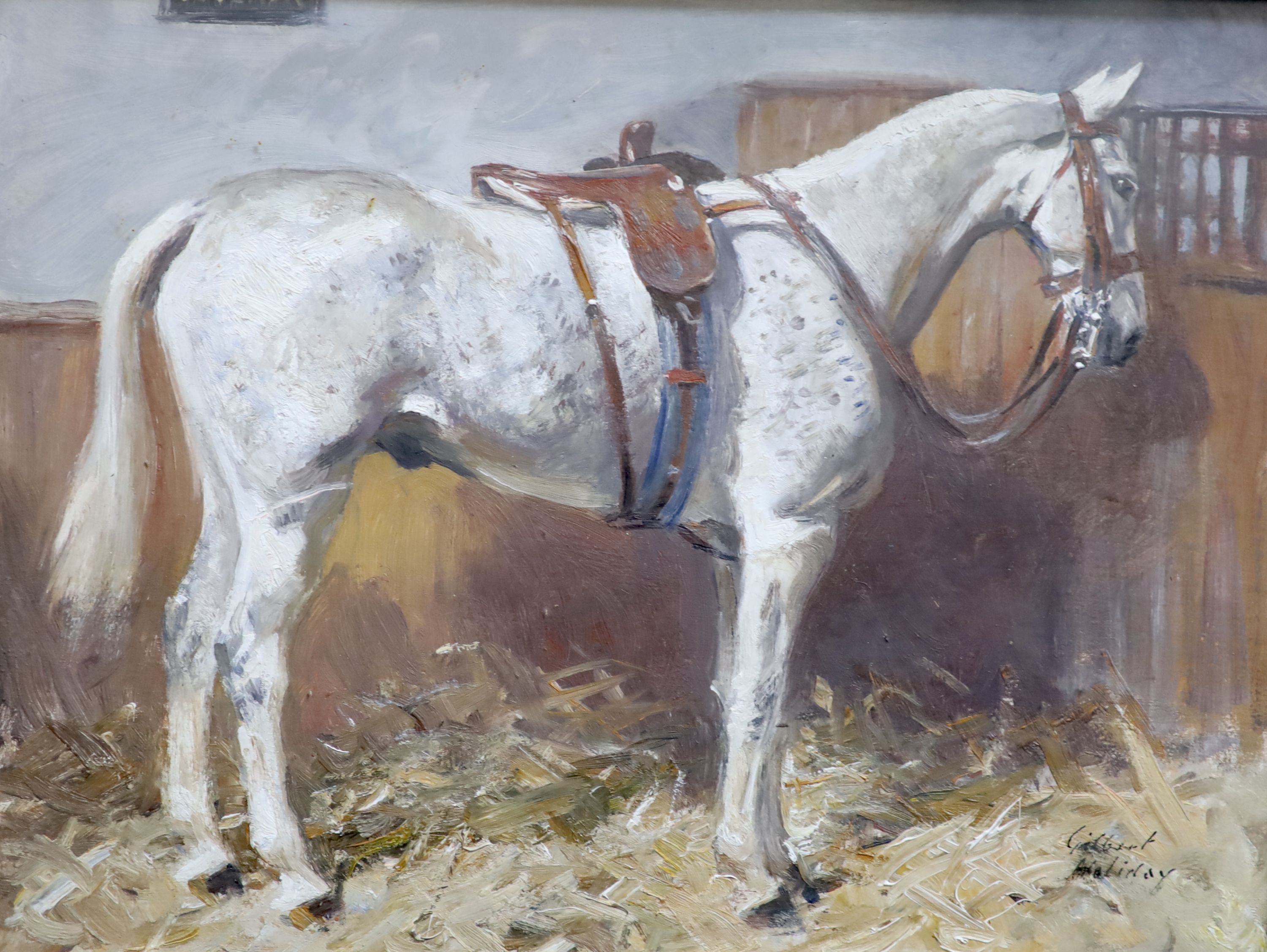 Gilbert Holiday (1879-1937), Portraits of an Alsatian and a Dapple grey horse 'Cossack', pair of oils on card, 24 x 32 cm.